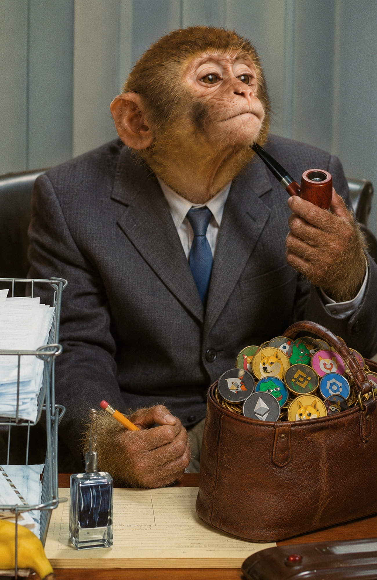 Apeforbags ape at an office desk with a bag of meme coins