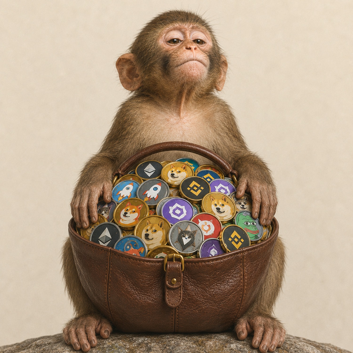 Ape sitting behind a large basket full of meme coins