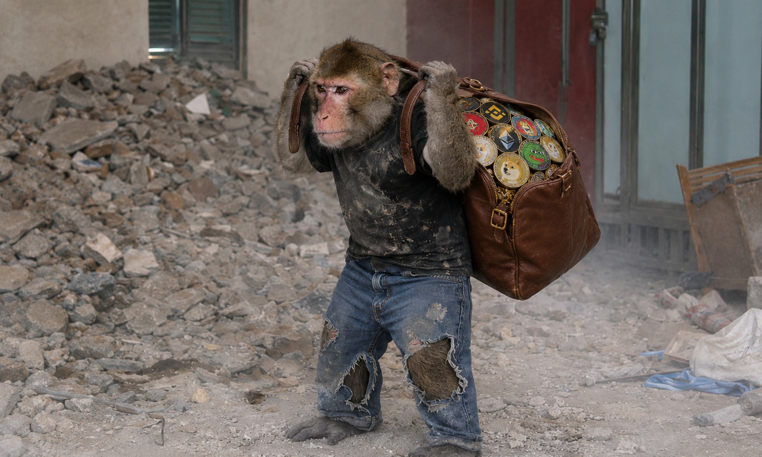 Ape carrying a heavy bag of meme coins through rubble